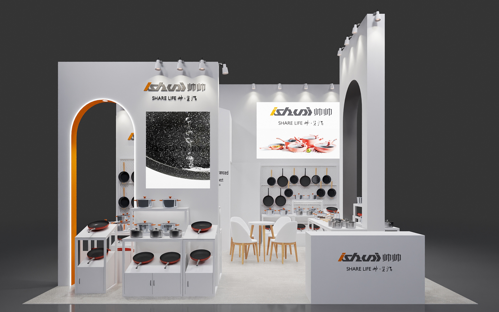 广交会摊位装修图片-帅帅电器展台正面(品牌标识与厨具陈列) 广交会摊位装修图片-帅帅电器展台正面(品牌标识与厨具陈列)